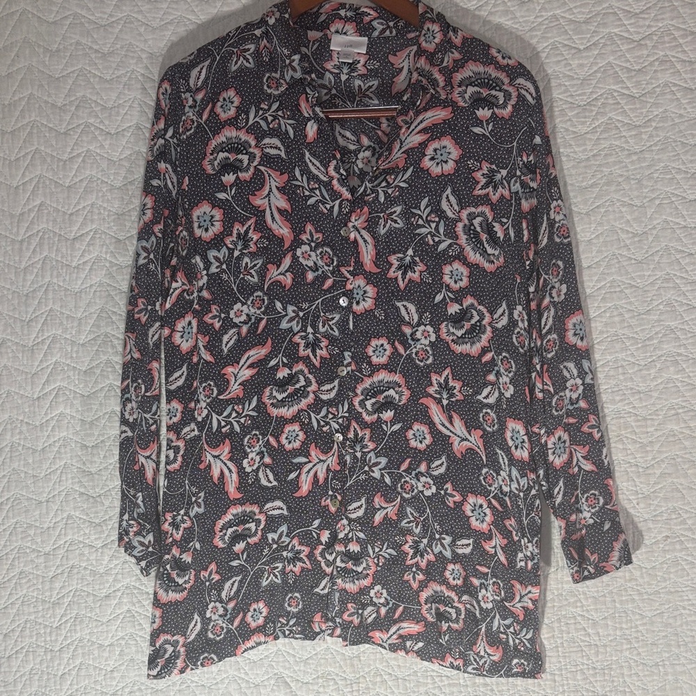 J. Jill Black Floral Button-Down Shirt with Pink and White Accents